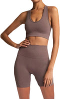 Women's Workout Outfit 2 Pieces Seamless Yoga Bodycon Shorts with Sports Bra Gym Clothes Set Sequoia Brown