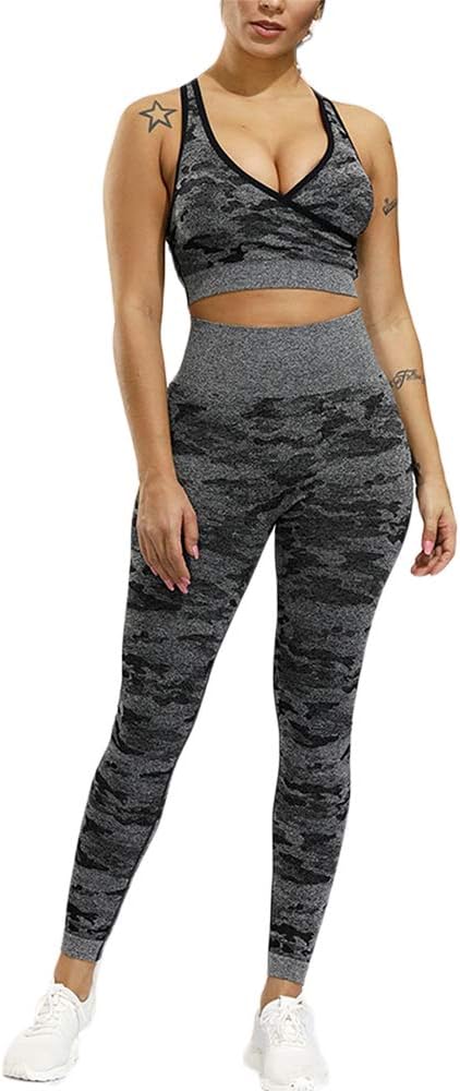 Women's Workout Sets 2 Pieces Suits Seemless Yoga Leggings with Stretch Sports Bra Gym Clothes Camo Black