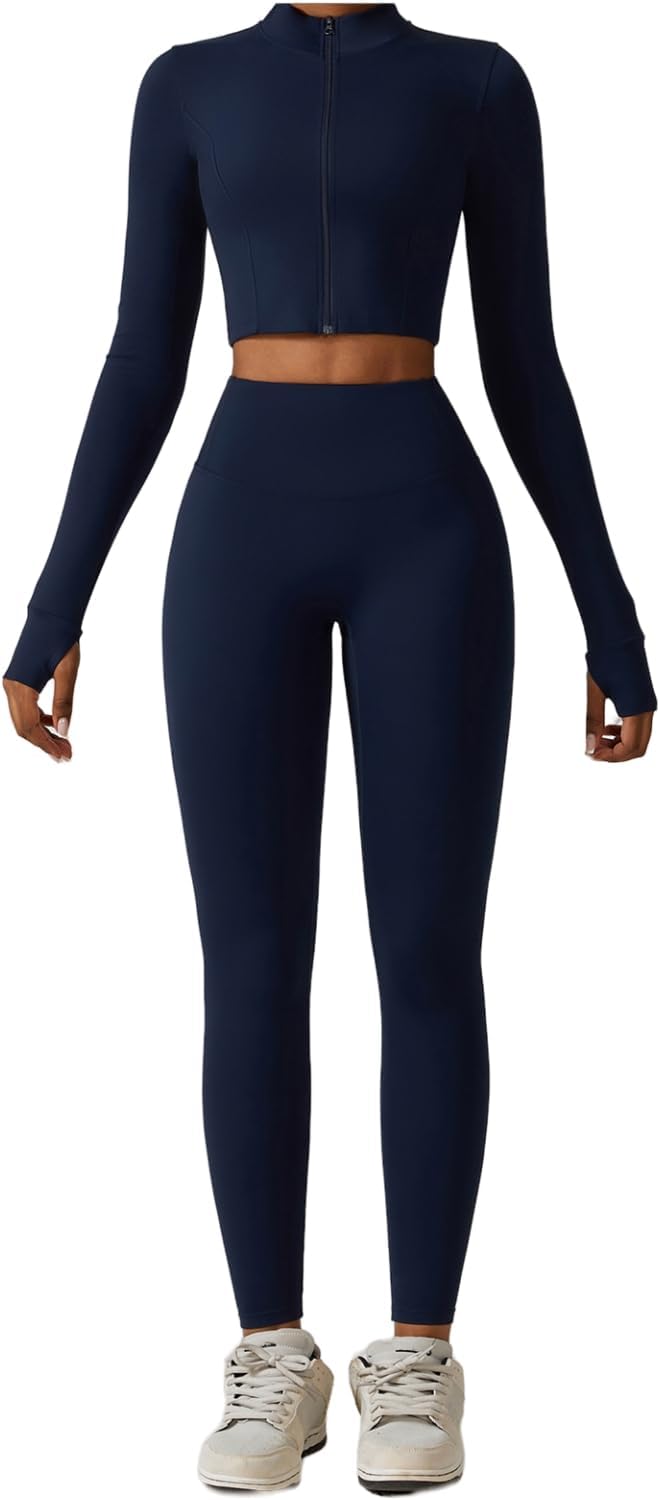 3 Piece Women Workout Set Sports Bra Crop Top Jacket with Thumb Holes Tummy Control High Waist Leggings