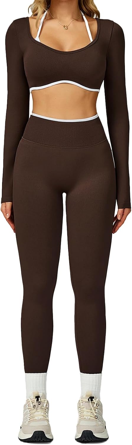 Workout Sets for Women 2 Piece Seamless Long Sleeve Crop Top and High Waist Scrunch Butt Lifting Leggings Yoga Outfits