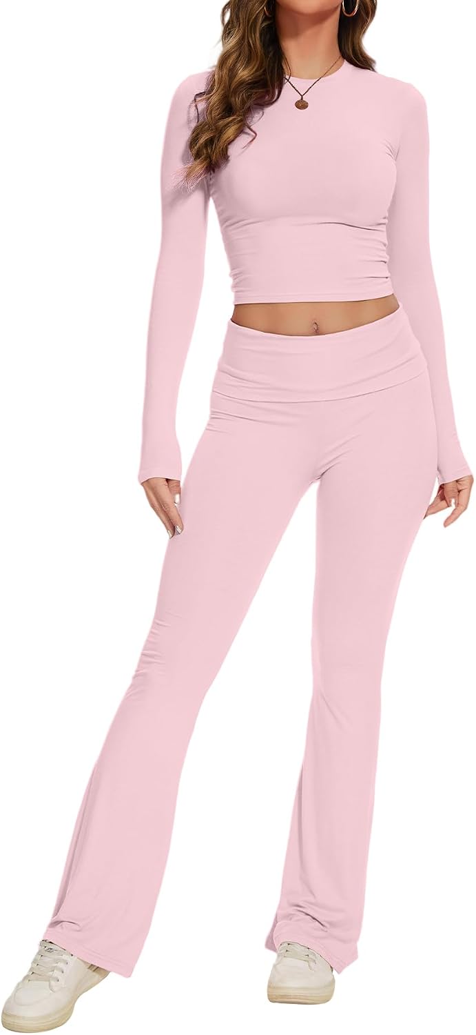Women's 2 Piece Outfits Lounge Sets Long Sleeve Tops with Wide Leg Flare Pants Yoga Tracksuit Sets