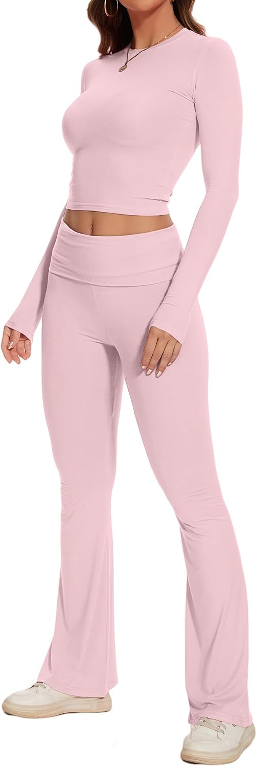 Women's 2 Piece Outfits Lounge Sets Long Sleeve Tops with Wide Leg Flare Pants Yoga Tracksuit Sets