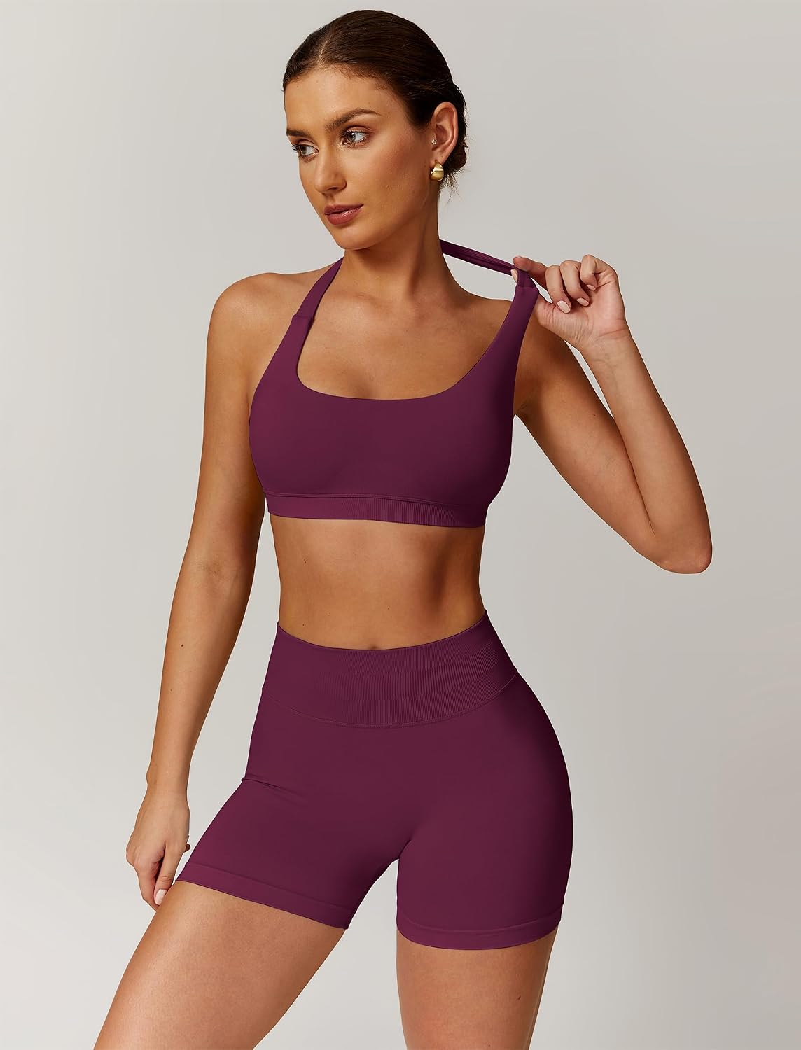 Workout Sets for Women 2 Piece seamless Halter Sports Bra Scrunch Butt Impact Shorts Gym Yoga Outfits