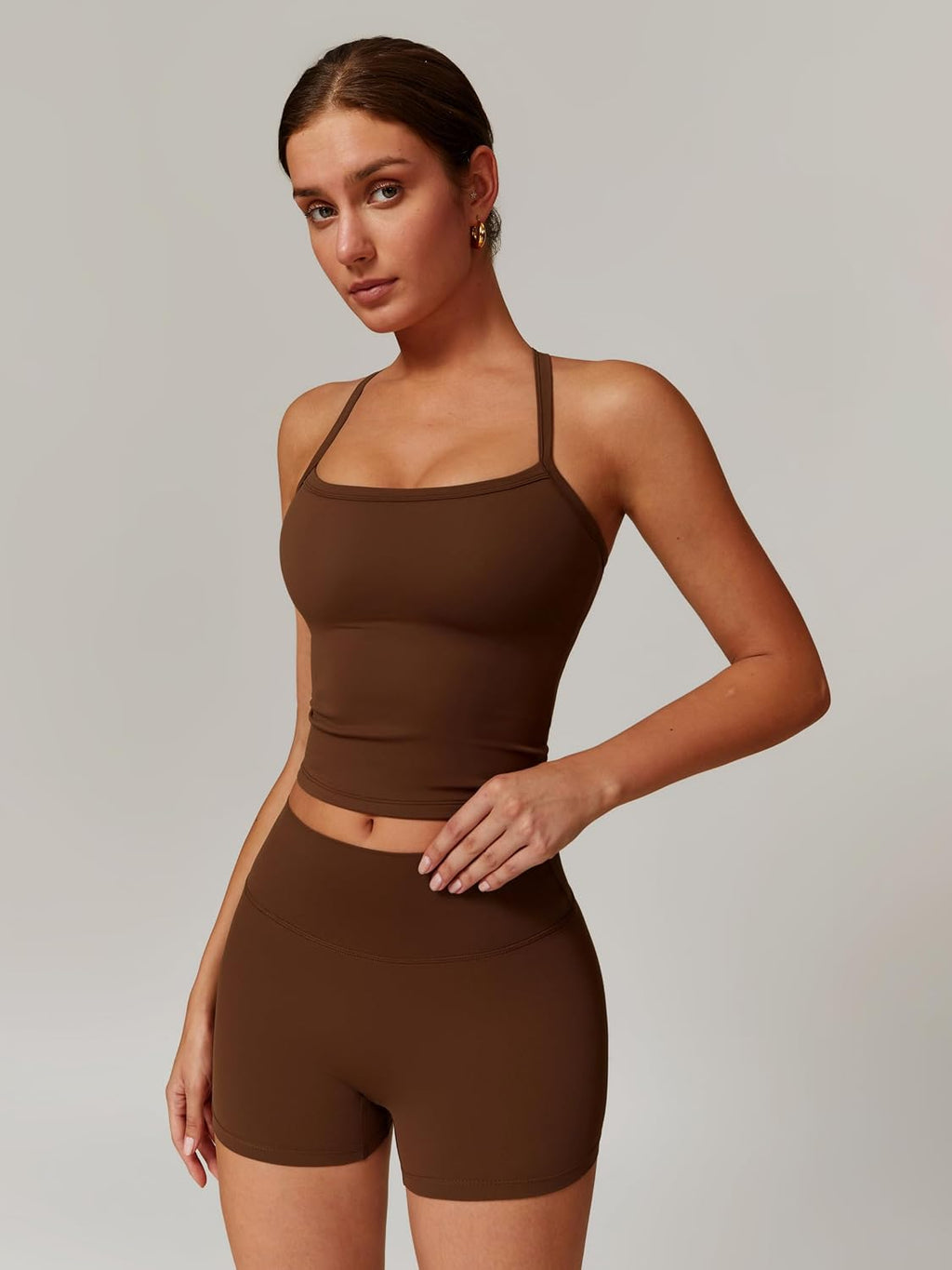 Sports Set Women's Sleeveless Top with Bra + High Waist Shorts Gym Workout Yoga Fitness Outfit, brown, S