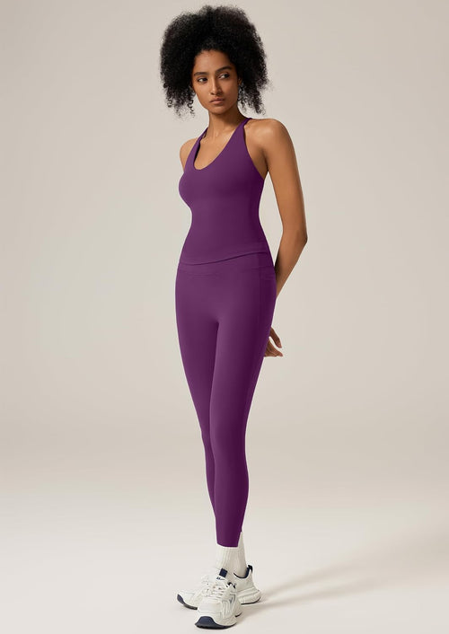 Backless Sports Set Women's V-Neck Tank Top and Booty Leggings with Pockets Gym Set 2-Piece Yoga Fitness Outfit