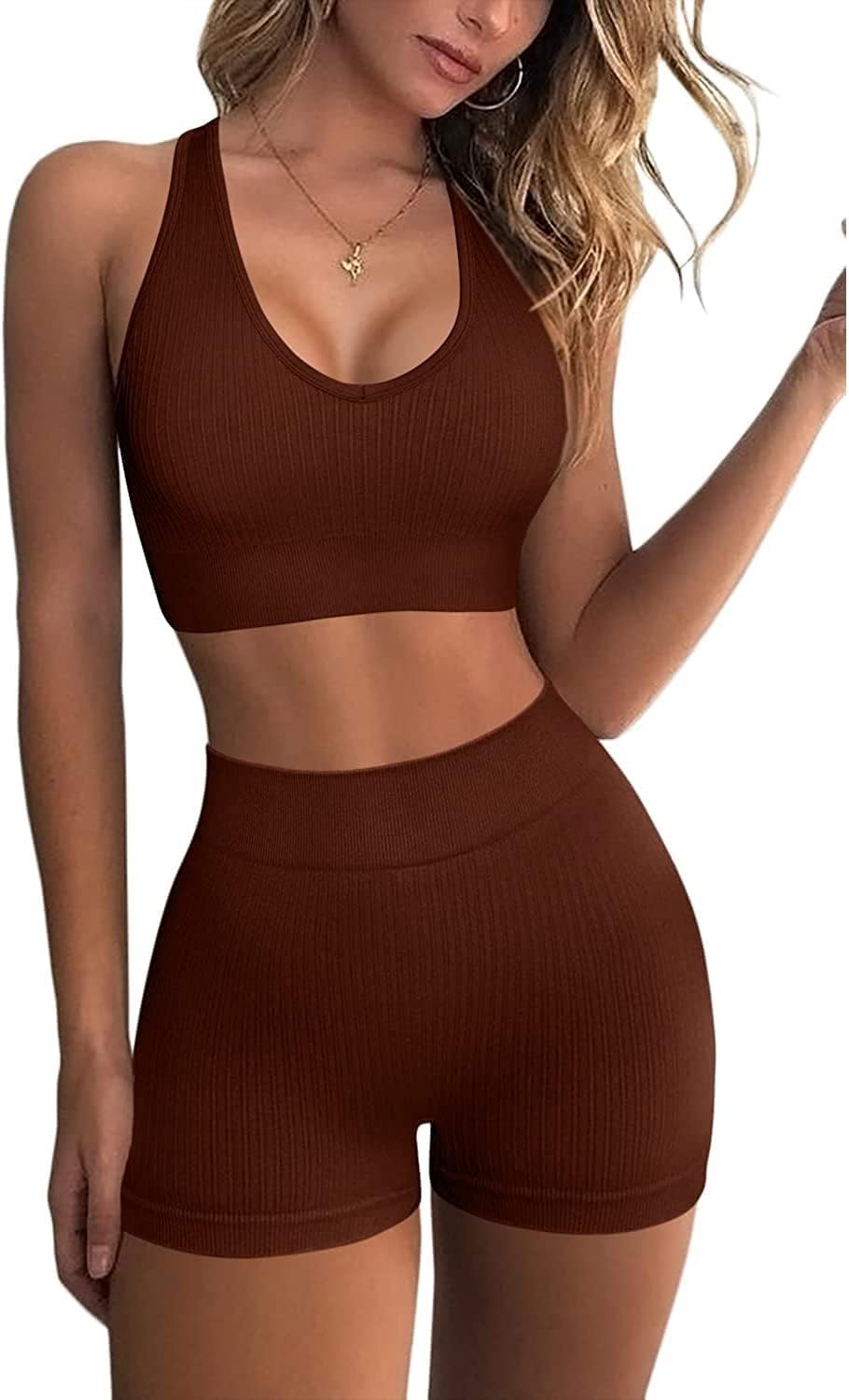 Workout Sets for Women 2 Piece Outfits Gym Yoga Clothing Ribbed Tank Crop Tops Seamless High Waist Booty Biker Shorts