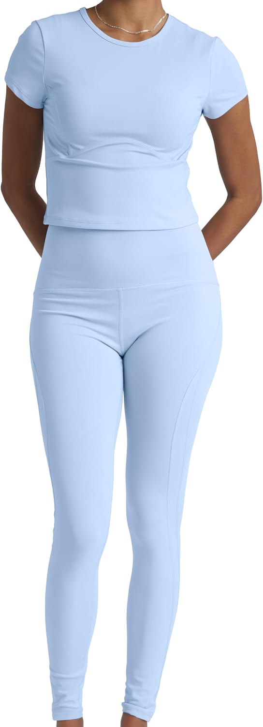 Two Piece Workout Set for Women High Waist Leggings and Short Sleeve Athletic Tops Matching Pilates Gym Sets Yoga Outfits