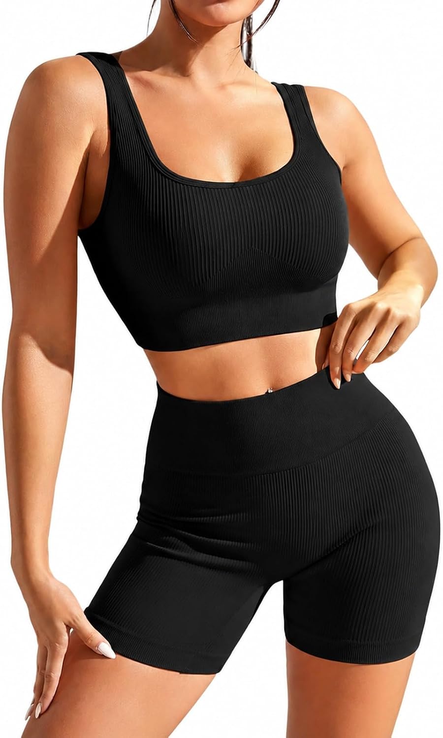 Women's Workout Outfits Ribbed Tank 2 Piece Seamless High Waist Gym Outfit Yoga Shorts Leggings Sets