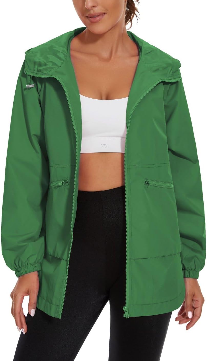 Women Waterproof Raincoat Lightweight Rain Jacket Trench Coat Hooded Windbreaker With Pockets for Outdoor