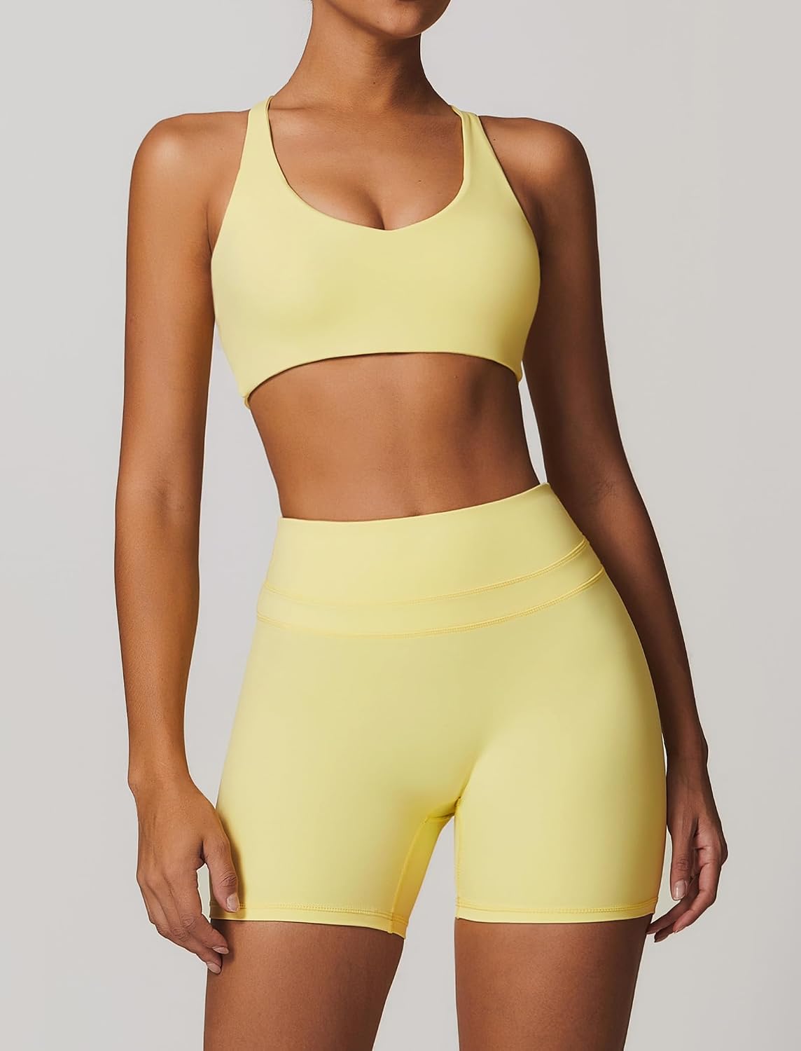 Workout Sets for Women 2 Piece V Neck Twist Back Sports Bra High Waist Biker Shorts Yoga Outfits