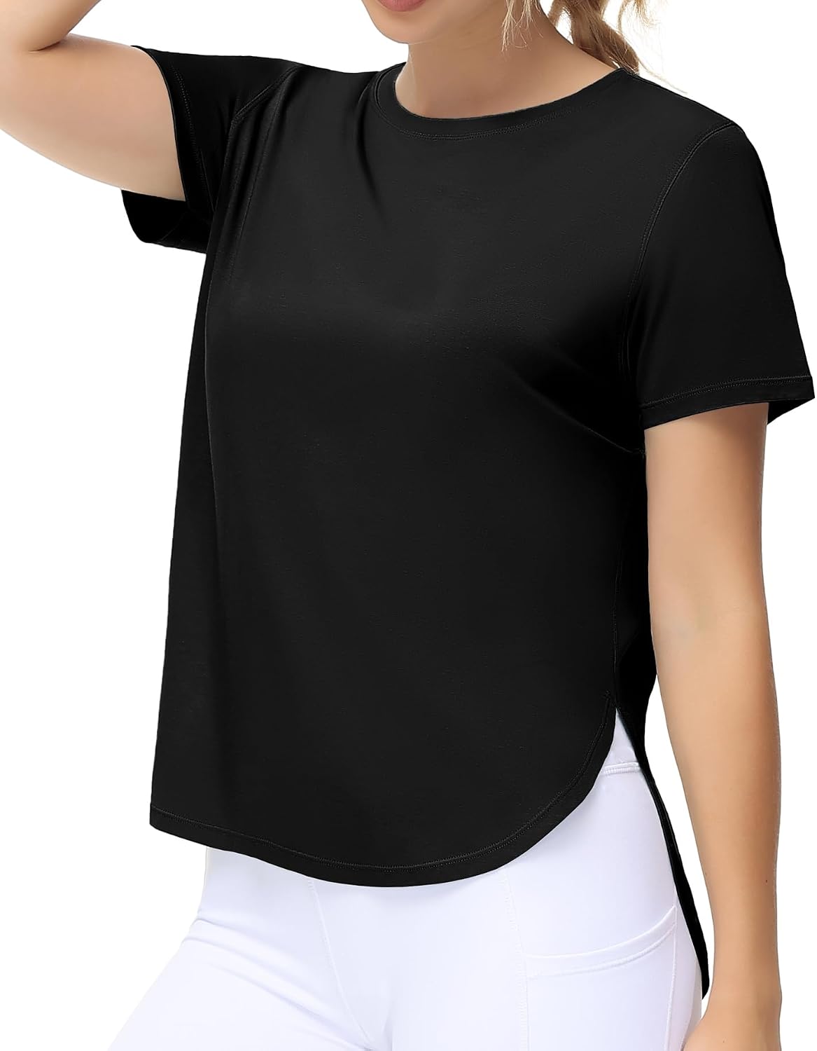 Women's Workout T-Shirts Loose Fit Short Sleeve Cotton Running Basic Tee Tops with Split Hem