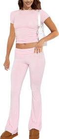 Two-Piece Women's Autumn Lounge Set Long Sleeve Tops and Yoga Flared Trousers Tracksuit Leisure Outfit Fitness Sportswear Set, pink, Large