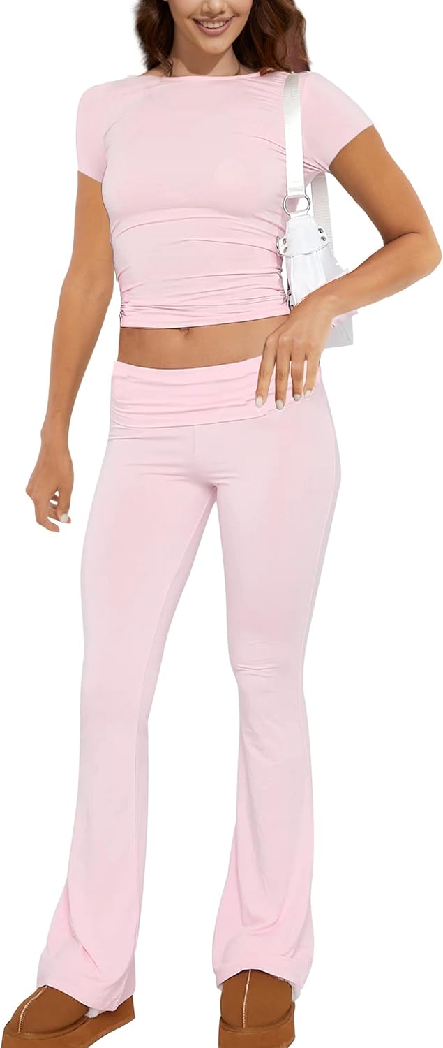 Two-Piece Women's Autumn Lounge Set Long Sleeve Tops and Yoga Flared Trousers Tracksuit Leisure Outfit Fitness Sportswear Set, pink, Large