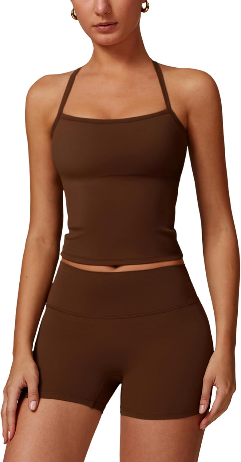 Sports Set Women's Sleeveless Top with Bra + High Waist Shorts Gym Workout Yoga Fitness Outfit, brown, S