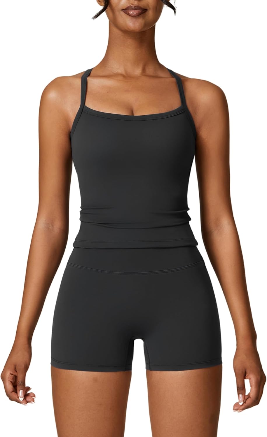 2 Pieces Workout Sets for Women, Cross Back Tank Top Matching High Waist Biker Shorts, Gym Yoga Pilates Outfits