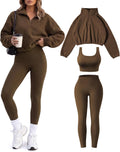 3 Piece Women Fleece Workout Sets Half Zip Cropped Pullover Sports Bra High Waist Yoga Legging Winter Fuzzy Outfit Gym