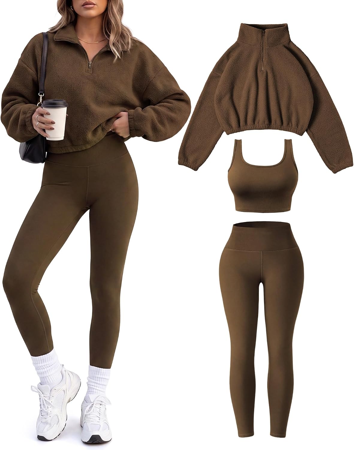 3 Piece Women Fleece Workout Sets Half Zip Cropped Pullover Sports Bra High Waist Yoga Legging Winter Fuzzy Outfit Gym