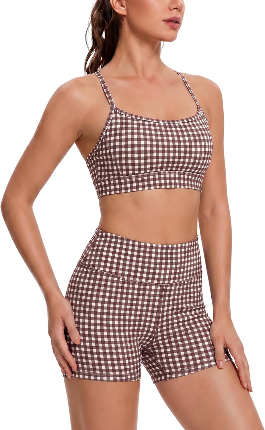 Workout Sets for Women 2 Piece Color Block Strappy Sports Bra High Waist Shorts Gym Yoga Pilates Outfits