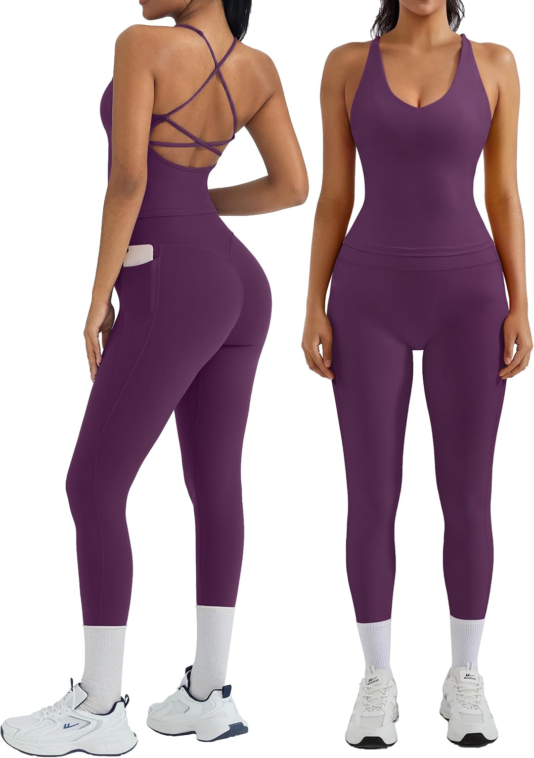 Backless Sports Set Women's V-Neck Tank Top and Booty Leggings with Pockets Gym Set 2-Piece Yoga Fitness Outfit