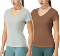 Women's T-Shirt, Short Sleeve, V-Neck, Yoga Tops, Casual Sports Shirt, Pack of 2, Grey/Coffee Brown, Small
