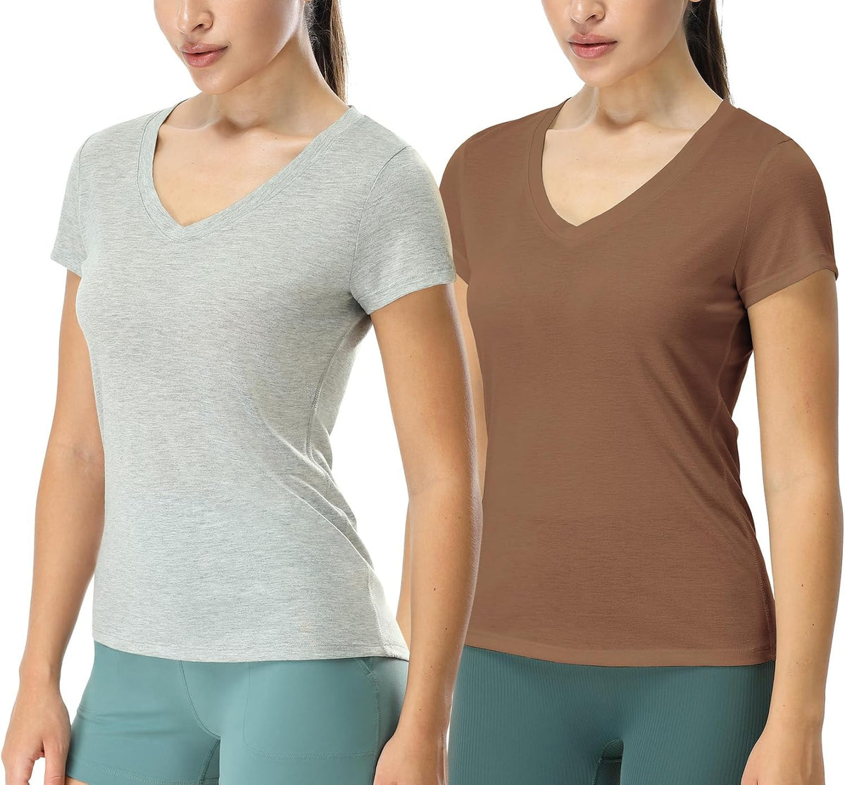 Women's T-Shirt, Short Sleeve, V-Neck, Yoga Tops, Casual Sports Shirt, Pack of 2, Grey/Coffee Brown, Small