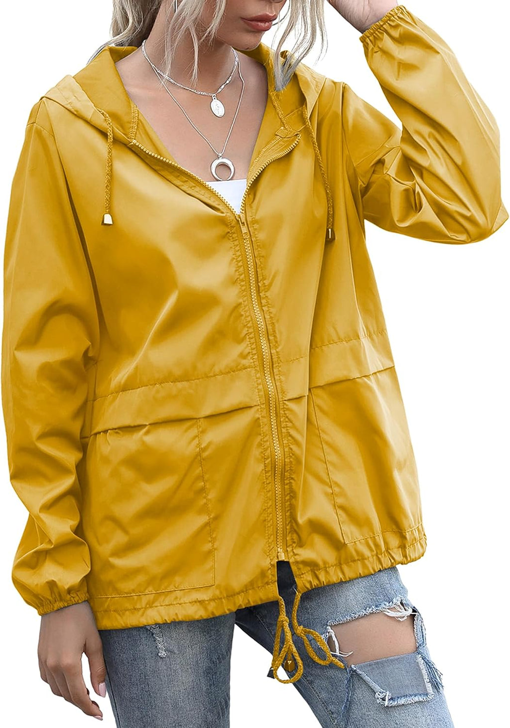 Women Raincoats Lightweight Waterproof Windproof Adjustable Windbreaker Rain Jackets Hooded with Pockets S-XXL