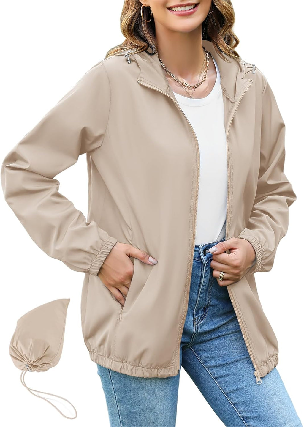 Rain Jacket Women Lightweight Waterproof Raincoats Packable Travel Hiking Hooded Windbreaker with Pockets S-XXL