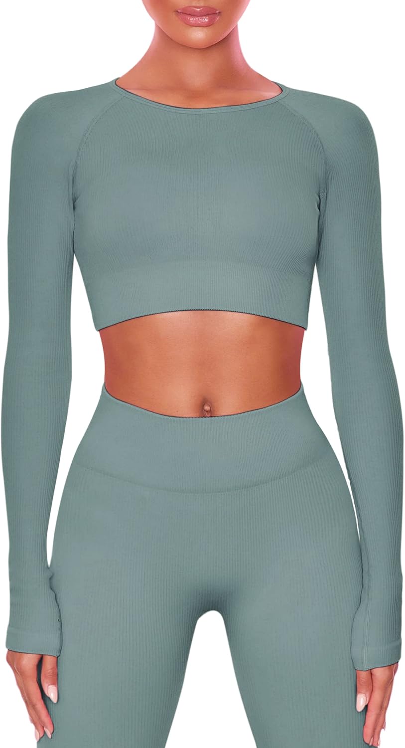 Women Workout Sets 2 Pieces Long Sleeve Yoga Outfits Gym Clothes Seamless Ribbed Crop Top High Waist Leggings