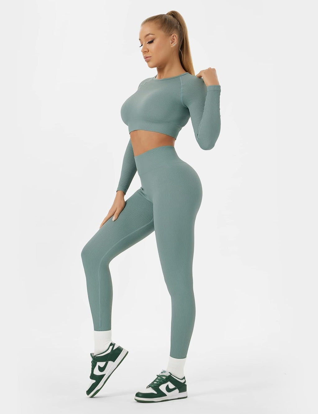 Women Workout Sets 2 Pieces Long Sleeve Yoga Outfits Gym Clothes Seamless Ribbed Crop Top High Waist Leggings