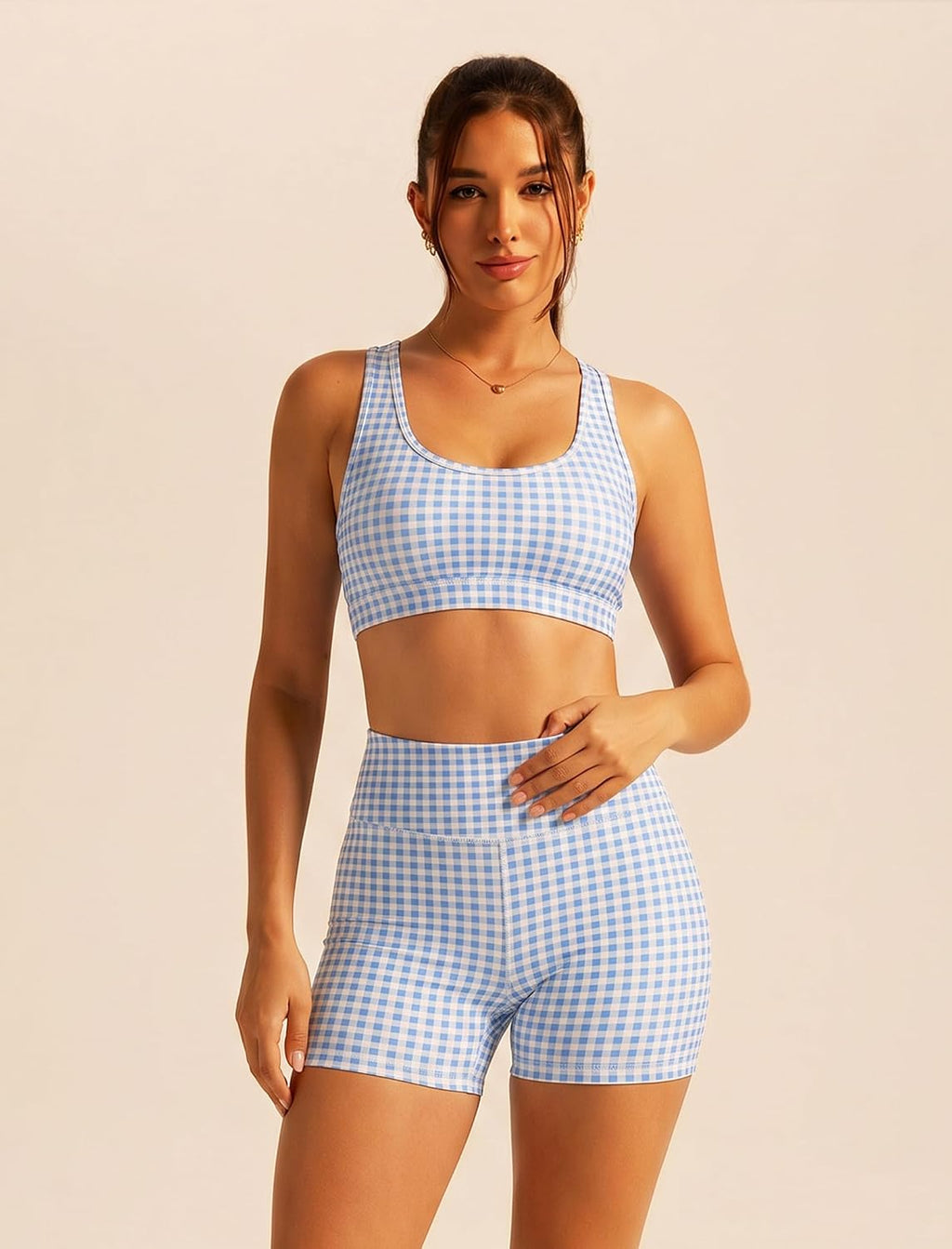 Gingham Workout Sets for Women Two Pilates Yoga Outfits