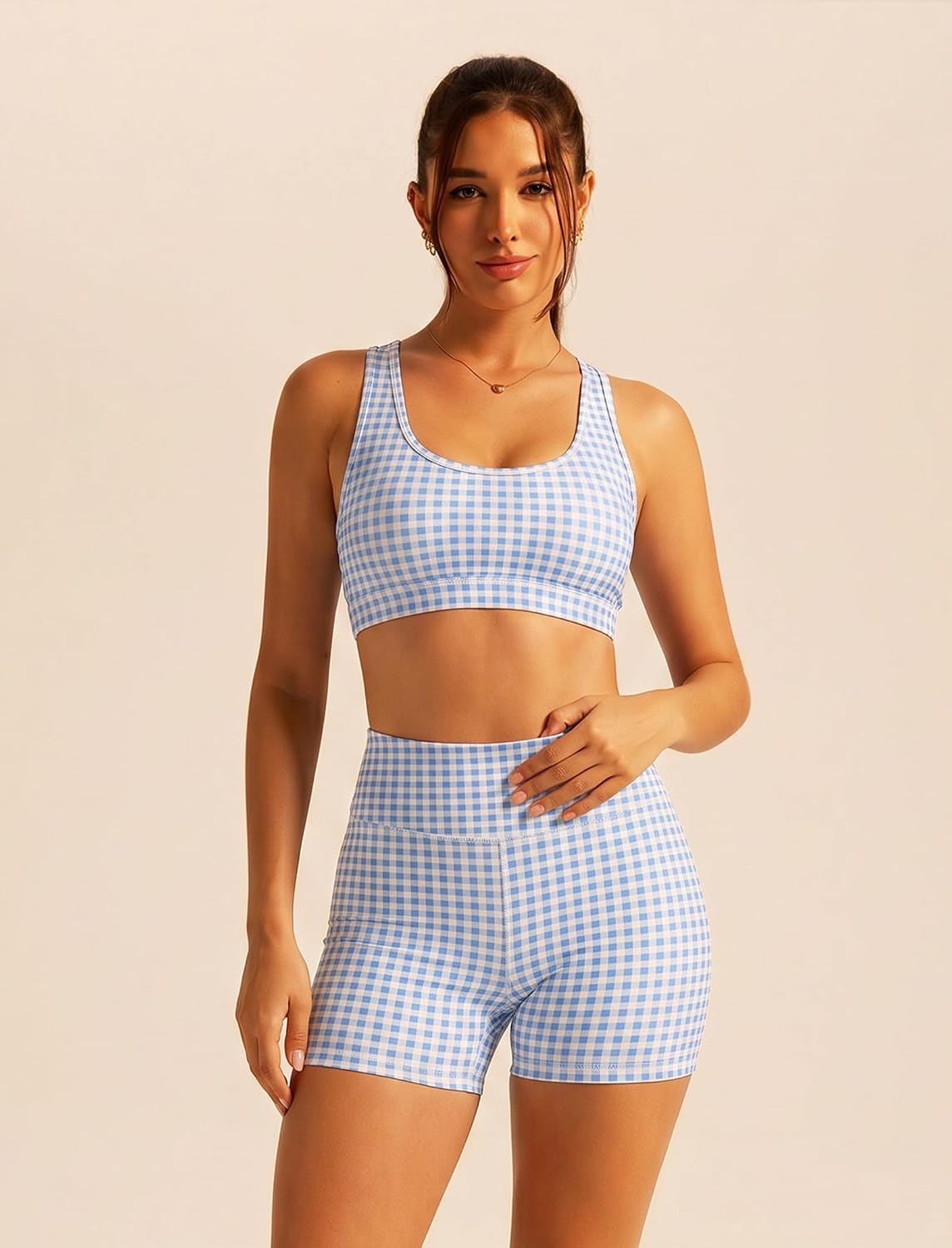 Gingham Workout Sets for Women Two Pilates Yoga Outfits