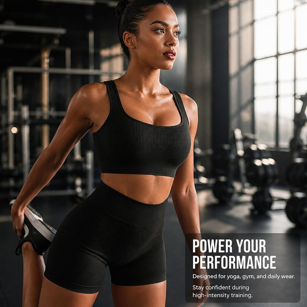 Women's Workout Outfits Ribbed Tank 2 Piece Seamless High Waist Gym Outfit Yoga Shorts Leggings Sets