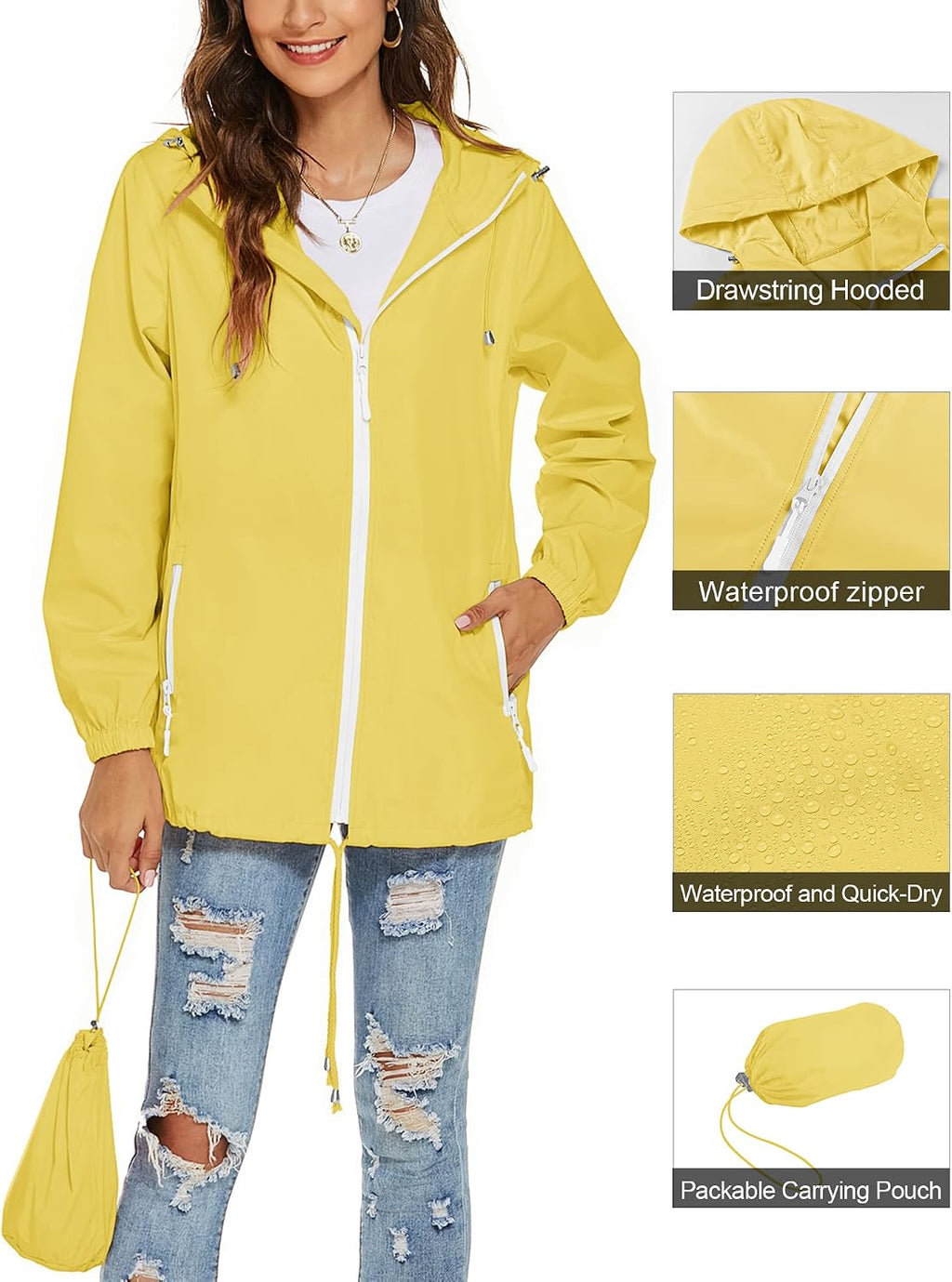 Women Waterproof Raincoat Lightweight Breathable Rain Jacket Hooded Rain Coat Outdoor Active Windbreaker with Pocket