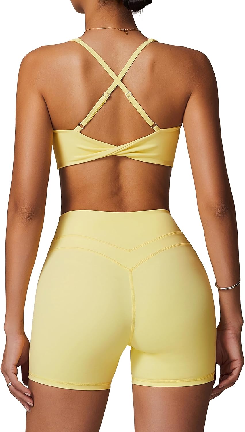 Workout Sets for Women 2 Piece V Neck Twist Back Sports Bra High Waist Biker Shorts Yoga Outfits
