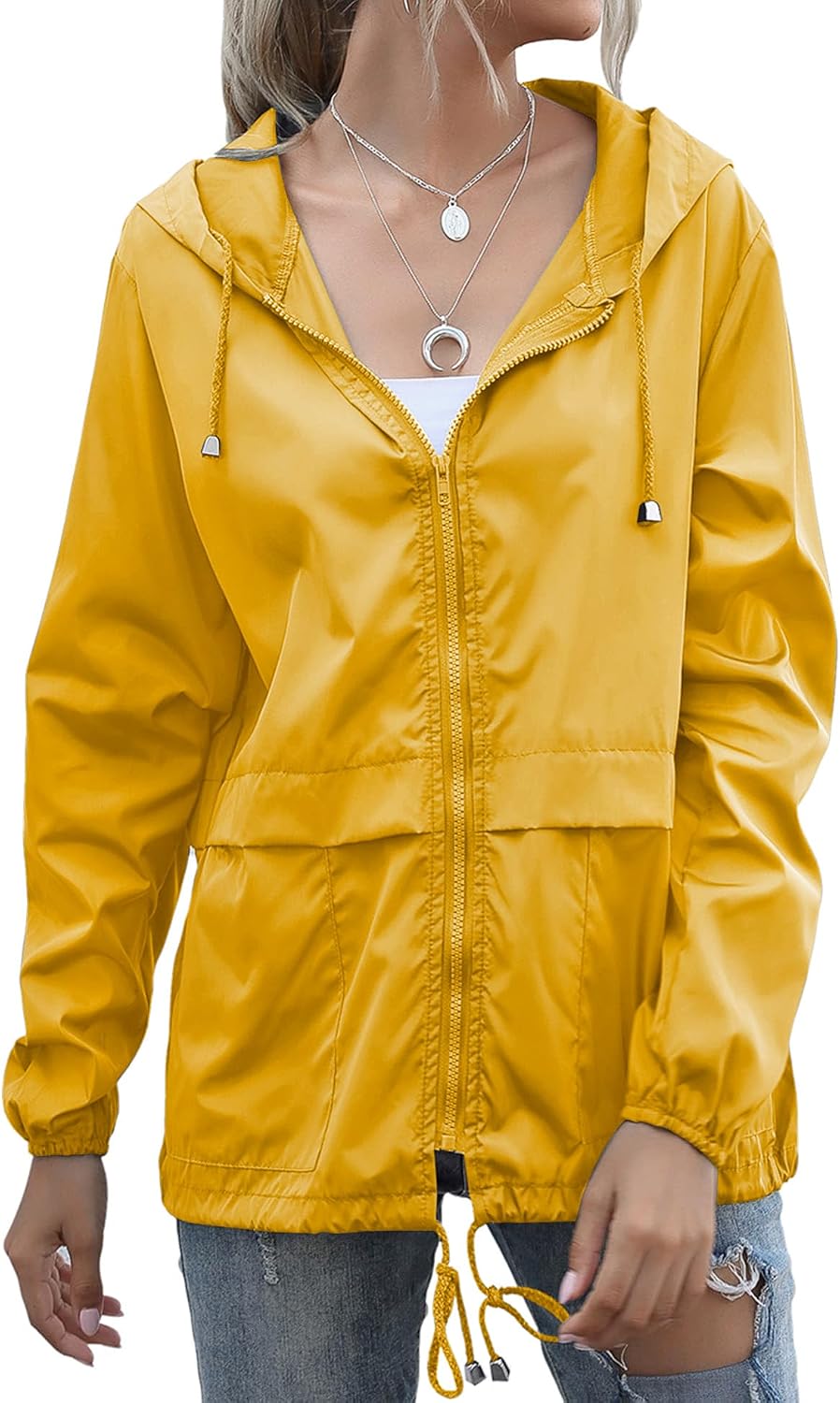 Women Raincoats Lightweight Waterproof Windproof Adjustable Windbreaker Rain Jackets Hooded with Pockets S-XXL