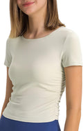 Women's Sports Crop Tops Yoga Short Sleeve Shirt Ribbed Fitness Gym T-Shirts Sports Tops, Cream White, L