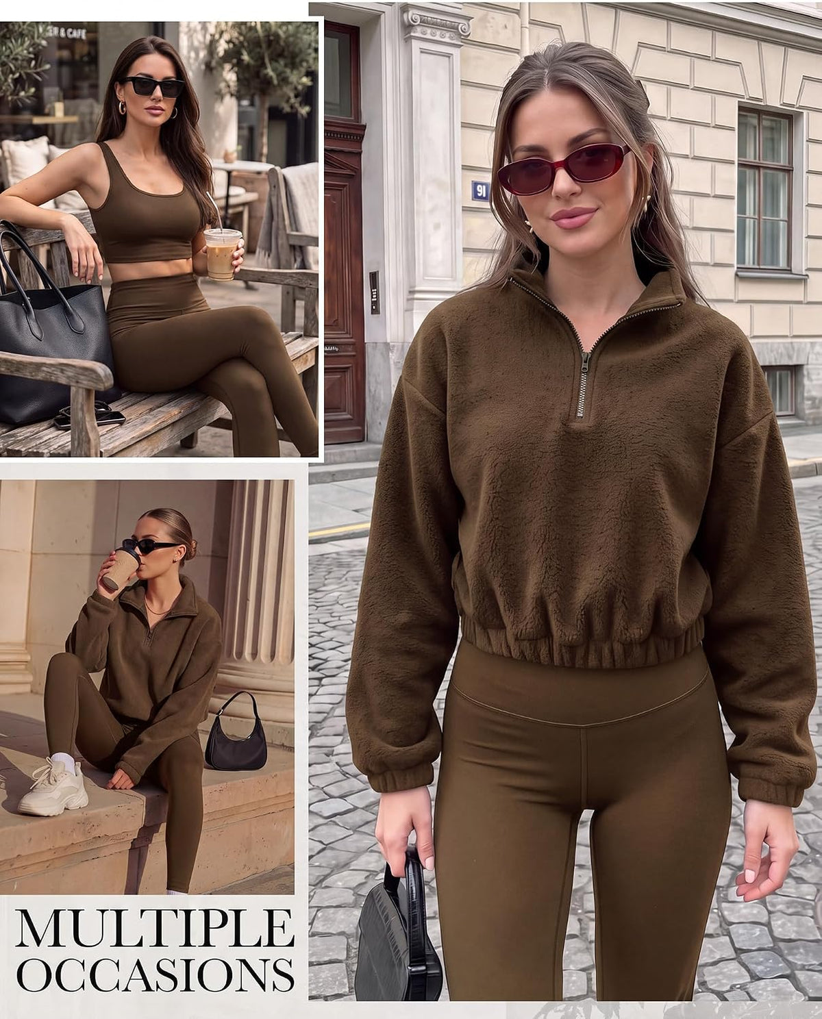 3 Piece Women Fleece Workout Sets Half Zip Cropped Pullover Sports Bra High Waist Yoga Legging Winter Fuzzy Outfit Gym