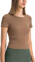 Women's Sports Crop Tops Yoga Short Sleeve Shirt Ribbed Fitness Gym T-Shirts Sports Tops, brown, M