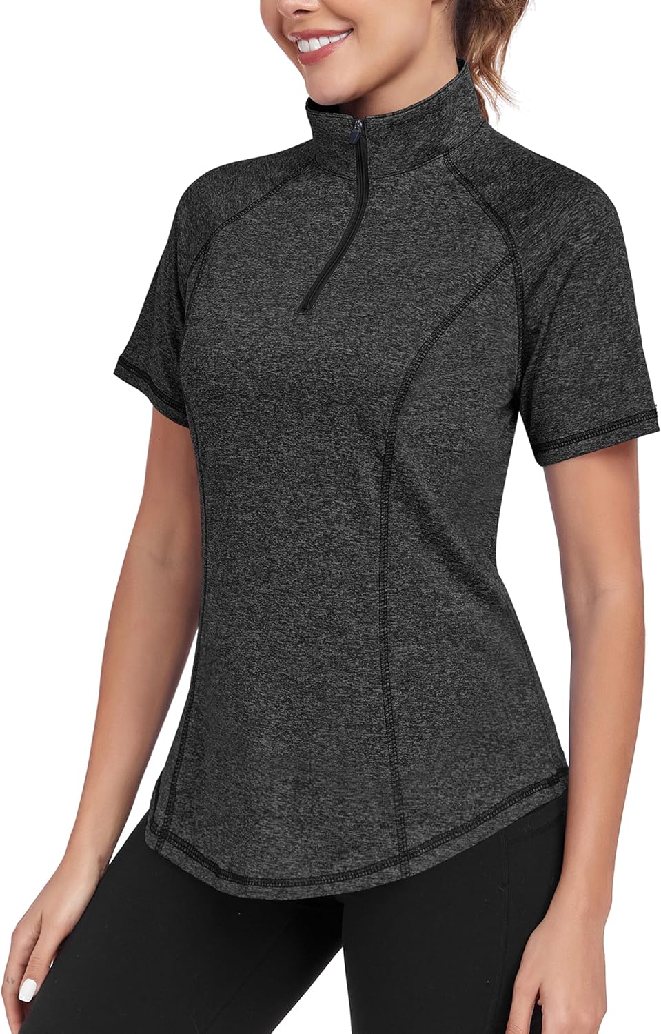 Sportshirt Damen Kurzarm Funktions T-Shirt Damen Sport Oberteile Gym Workout Tops Laufen Shirt Fitness Shortsleeve mit 1/4 Reißverschluss